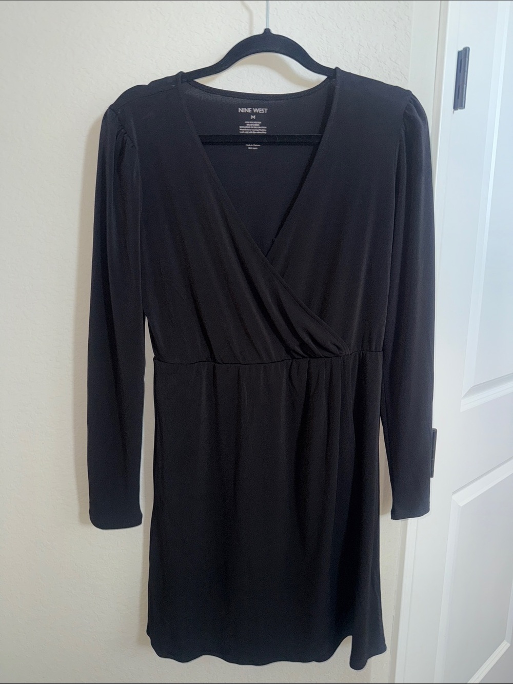 Nine West Black Long Sleeve Wrap-Front Dress